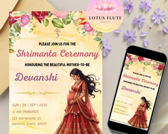 Uitnodiging Indiase babyshower | Sreemantham, Godh Bharai, Shrimant, Valaikappu | Canvassjabloon | Bewerkbaar | Directe digitale download