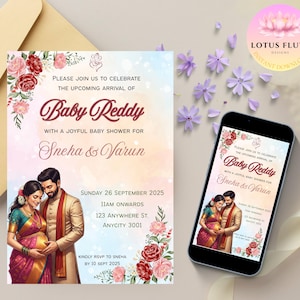 Indische Babypartyeinladung | Sreemantham, Godh Bharai, Shrimant, Valaikappu | Canva Vorlage | Bearbeitbar | Sofortiger digitaler Download
