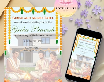 Griha Pravesh-uitnodiging | Digitale uitnodiging Indiase housewarmingparty | Bewerkbare canvassjabloon | Afdrukbare kaart Gruhapravesam