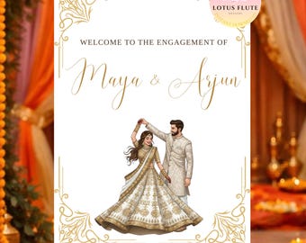 Modern welkomstbord voor Indiase verloving | Wit en goud Sagai-decor | Minimalistische desi-huwelijksposter | Elegante gouden Mangni Welkom | Rokha