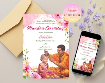 Mondaine uitnodiging meisje | Baabri Chudakarana-kaart | Hindoe-haarscheerceremonie | Roze digitale baby Mundan-uitnodiging | Bewerkbare sjabloon | Canvas