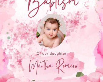 Pink Floral Baby Baptism Invitation Printable – Elegant Blush Flowers Christening Invite – Editable Canva Template