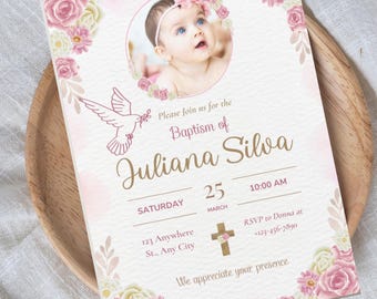 Pink Floral Baptism Invitation Template: Editable Girl Christening (Digital Download, 5x7 inches)