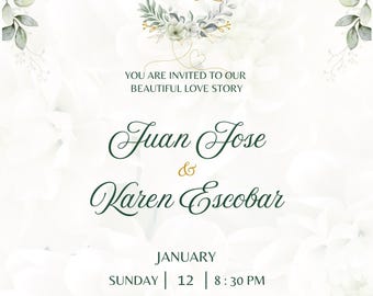 White Gold Green Watercolor Floral Wedding Invitation | Elegant Wedding Template