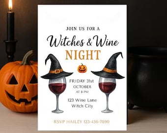 Può includere: Un invito a tema Halloween con la scritta "Witches & Wine Night". L'invito presenta illustrazioni di cappelli da strega su calici di vino, una zucca intagliata e un calderone. L'invito include i dettagli dell'evento.