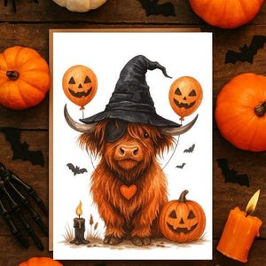 Highland Cow Halloween Cards: Rustic Watercolor Set of 10