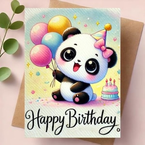Cute Panda Birthday Card - Kawaii Printable Birthday Greeting - Instant Digital Download