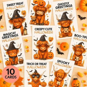 Halloween Highland Cow Cards Set – 10 Digital Greeting Cards, Cute Fall Printable Cow Art, Funny Spooky Farmhouse Halloween Decor