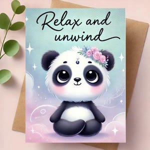 Ontspan en kom tot rust Panda-kaart – Kawaii aquarel Mindfulness-wenskaart – digitaal en afdrukbaar – direct downloaden