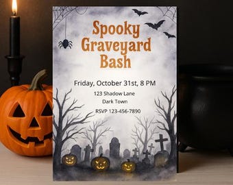 May include: A Halloween-themed invitation with the text "Spooky Graveyard Bash." The design features a graveyard scene with tombstones, bare trees, and jack-o'-lanterns. A carved pumpkin and a lit candle are on the left. Bats and a spider web are in the background.
