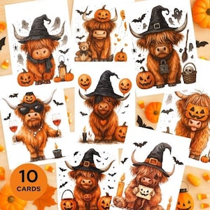 Halloween Highland Cow Cards – Set of 10 | Cute Rustic Cow Greeting Cards | Spooky Autumn Card Pack | Without Text