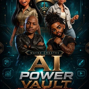 Könnte beinhalten: Ein digitales Poster mit dem Titel AI POWER VAULT 42 AI Tools for Creators von Wayne Creates. Das Bild zeigt vier stilisierte Charaktere vor einer großen runden Tresortür. Der Text ist in Gold und Silber auf dunkelblauem Hintergrund.