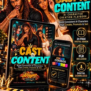 Könnte beinhalten: Eine digitale Produktwerbung mit dem Titel Cast to Content AI Character Creation Playbook. Sie zeigt ein Tablet und ein Smartphone mit dem Leitfaden, Text über die Erstellung von KI-Charakteren und Symbole für ein 24-seitiges E-Book.