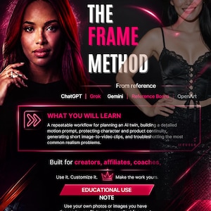 以下が含まれることがあります： 「The Frame Method, Free Creator Blueprint」と題されたデジタルチラシ。2人の女性、ピンクのネオンアクセント、AIツイン、モーションプロンプト、キャラクターの連続性のためのワークフローを詳述するテキストが特徴です。ChatGPT、Grok、Gemini、OpenArtのロゴが含まれています。