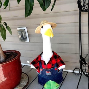 Goose Outfit - Bob the Farmer Denim & Flannel Work Clothes - 3 Piece Outfit - Fits 23&quot; to 25&quot; Plastic/Concrete Lawn Goose - Handmade by Me