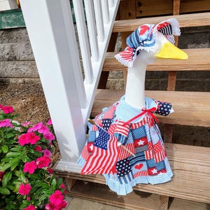 Patriotic Porch Goose - Unusual Patriotic Hearts, Stars and Flags Lawn Goose - Fits 23 to 25 inch Plastic or Cement Lawn Goose - Handmade