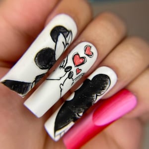 Disney Love Press-On Nails | Mickey & Minnie Hand-Painted Kiss Design | Valentine’s Day Nails | Custom Sizes Available