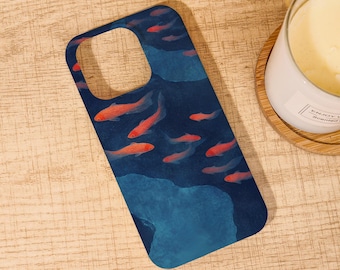 May include: A rectangular smartphone case featuring a deep blue background with a printed pattern of multiple orange koi fish swimming in various directions. The case includes a large cutout at the top left corner for a camera lens assembly.