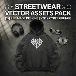 May include: A charcoal gray hoodie featuring a white heart-shaped graphic with circuit-like patterns. The text reads STREETWEAR VECTOR ASSETS PACK [15] PRE-MADE DESIGNS | Y2K & CYBER GRUNGE. Includes black headphones, silver sunglasses, and a compact disc.