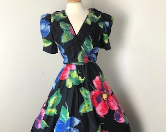 Vintage 1980s does 1950s Floral Fit and Flare Party Dress by Opening Night - Sz Small to Medium