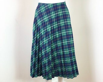 Vintage 1980s Wool Green and Blue Plaid Accordion Skirt - Sz XS to Small