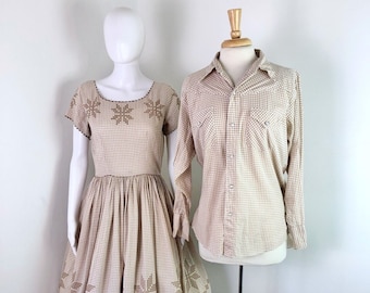 Vintage 1960s Couples Matching Western Brown and White Gingham w/ Snowflake Embroidery Matching Square Dance Dress and Shirt Set