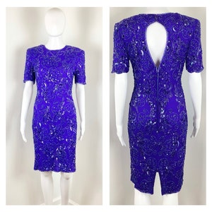 Vintage 1980s Royal Purple Beaded Silk Party Dress by Adrianna Papéll - Sz Medium to Large