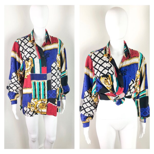 Vintage 1990s Does Power Clash Baroque Print Blouse by Express - Sz Large to Curvy