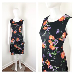 Vintage 1970s Black and Orange Blossom Polyester Dress by Brief Originals - Sz Large to XL