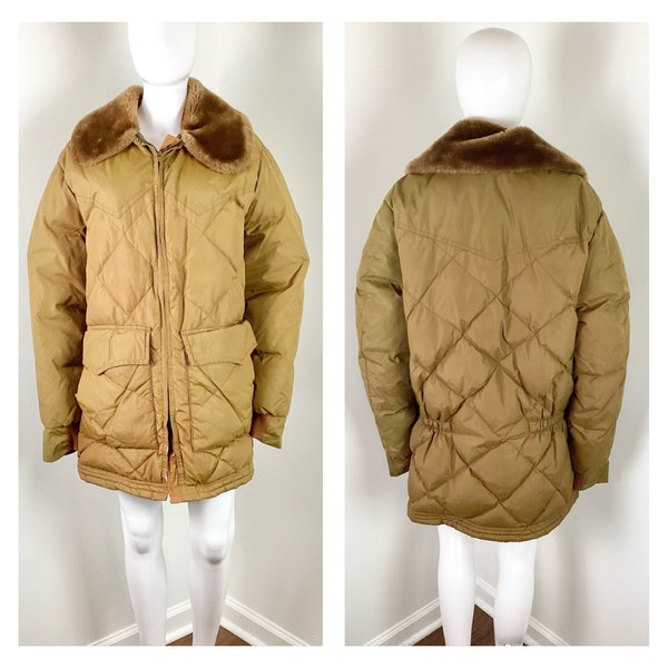 Vintage Copper Walls Blizzard Pruf Down Western Puffer Jacket w/ Faux Fur Collar - Sz Large