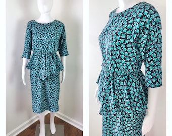 Adorable Vintage 1980s Ditsy Floral Peplum Midi Dress by In Cinq - Sz Medium to Large
