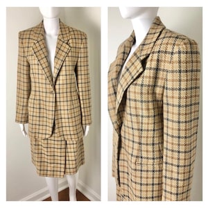 Heathers Style! 1980s camel, charcoal, and brown plaid skirt and blazer suit by Ann Taylor