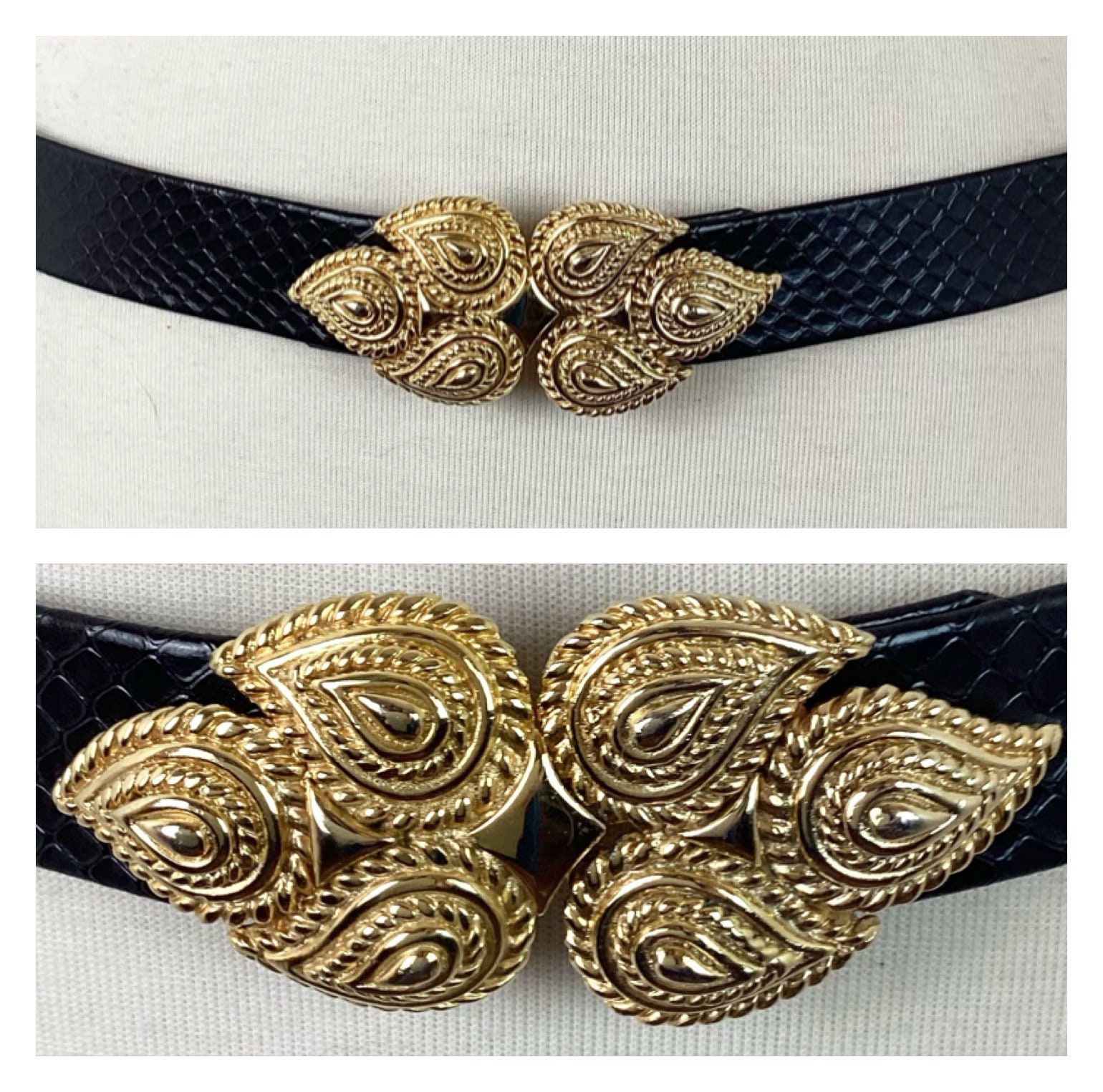 Vintage 1985 Gold Tone Two of Hearts Black Snakeskin Belt by  display picture 3