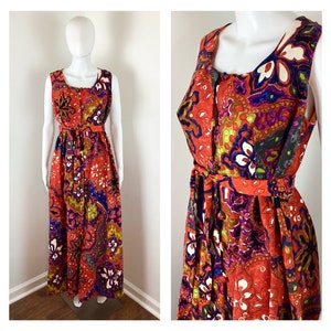 Vintage 1960s Hawaiian Psychedelic Red and Chartreuse Print Maxi Hostess Dress - Sz Medium to Large