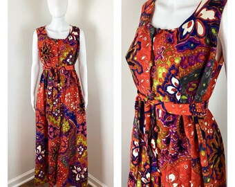 Vintage 1960s Hawaiian Psychedelic Red and Chartreuse Print Maxi Hostess Dress - Sz Medium to Large