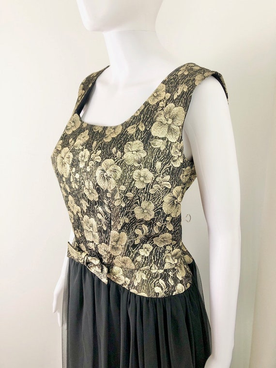 Vintage 1960s Black Chiffon and Gold Lamé Floral … - image 3