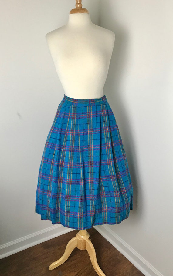 1980s Pleated Peacock Blue Plaid Skirt - image 2