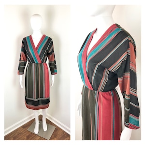 Vintage 1970s Striped Dolman Sleeve Dress - Sz Medium to Large