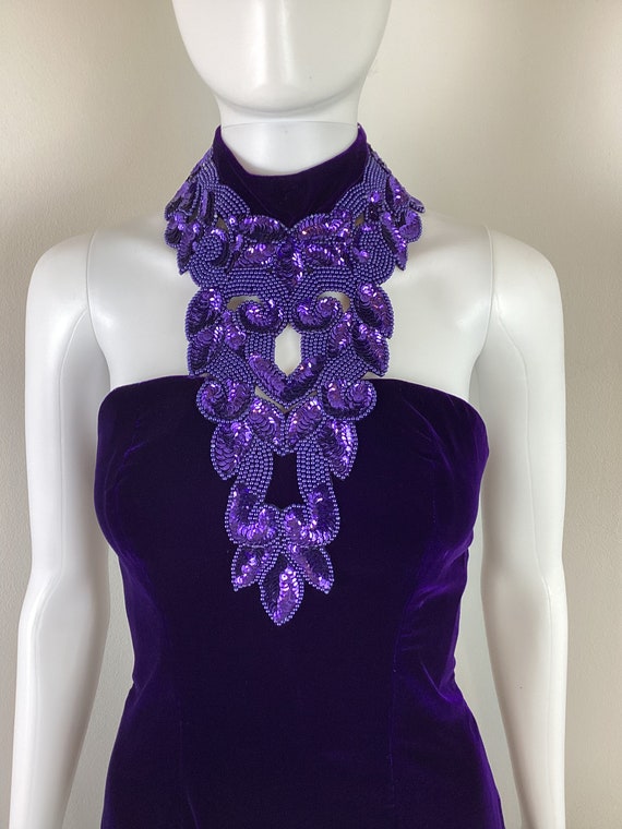 Vintage 1990s Purple Velvet Sequin Halter Party D… - image 10