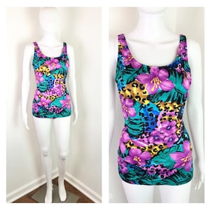 1980s does 1960s Tropical Animal Print Hip Bathing Suit by Active Spirit - Sz Large to XL