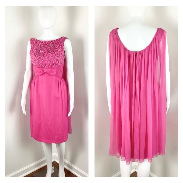 Vintage 1960s Fuchsia Capped Chiffon Cocktail Hostess Dress - Sz XS to Small