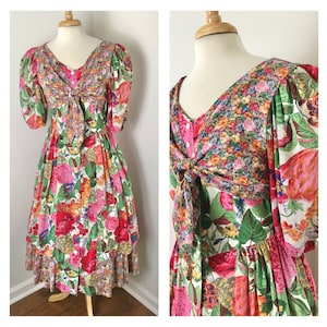 Vintage 1990s Edith Moser Cotton Linen Dirndl Inspired Garden Dress - Sz Large to XL