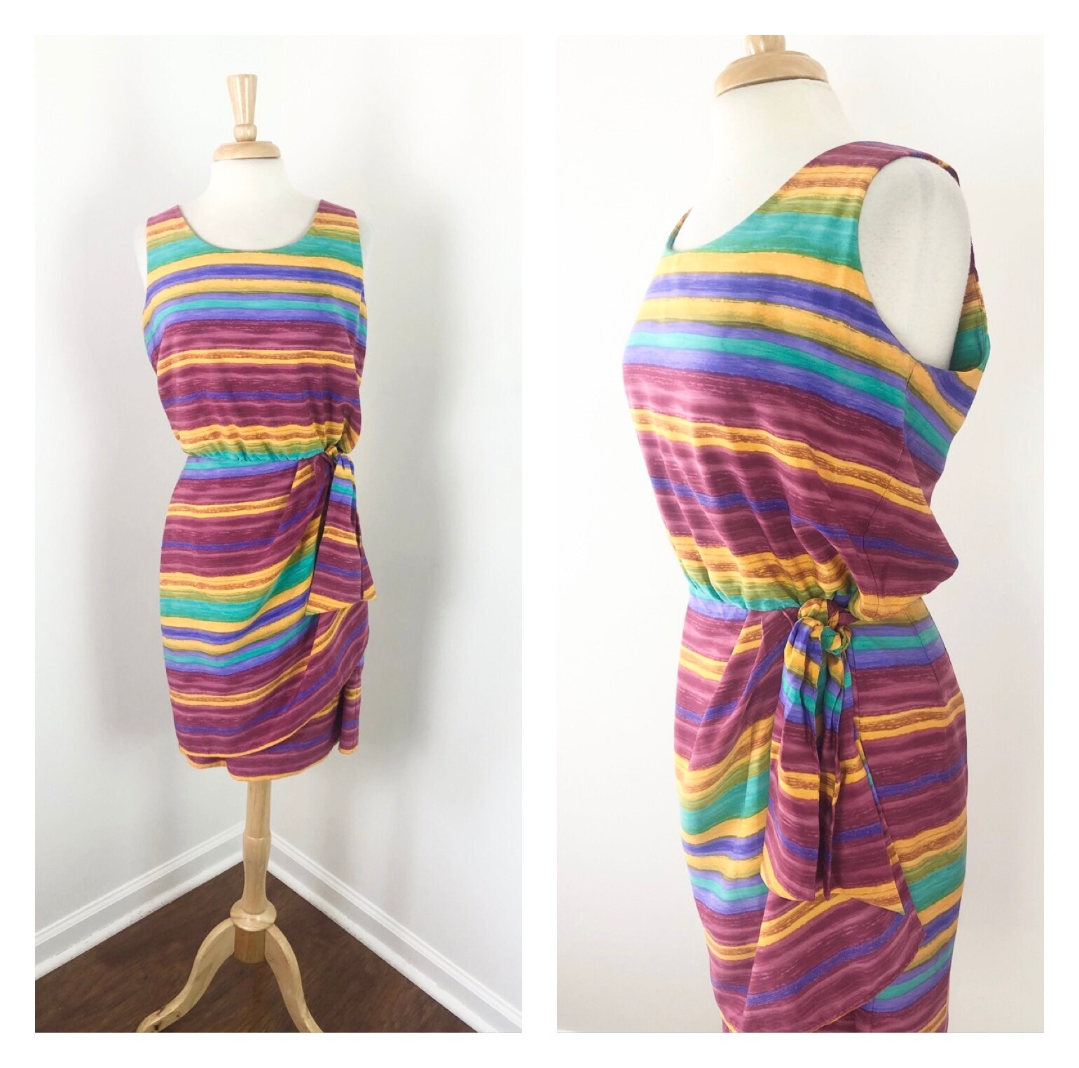 Vintage 1990s Striped Faux Wrap Dress by J Stevens for Carol Escritor - Sz Large to XL