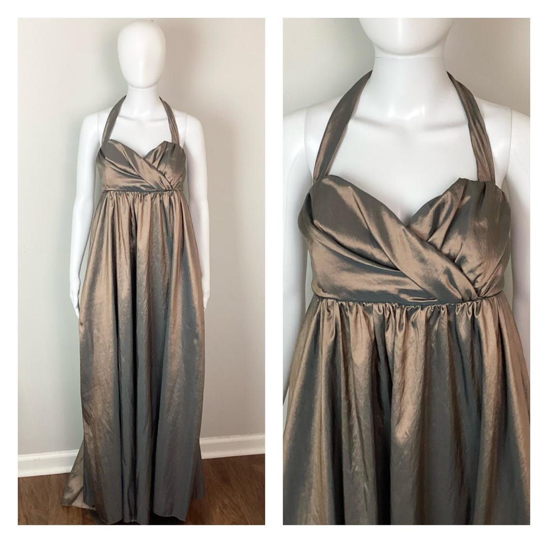 Vintage 1990s Bronze Iridescent Greek Goddess Empire Waist Halter Dress