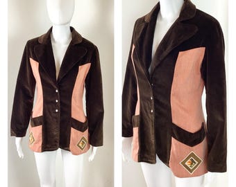 Blazer vintage de retazos de tela vaquera y terciopelo marrón de los años 70 de Modern Juniors (talla grande)