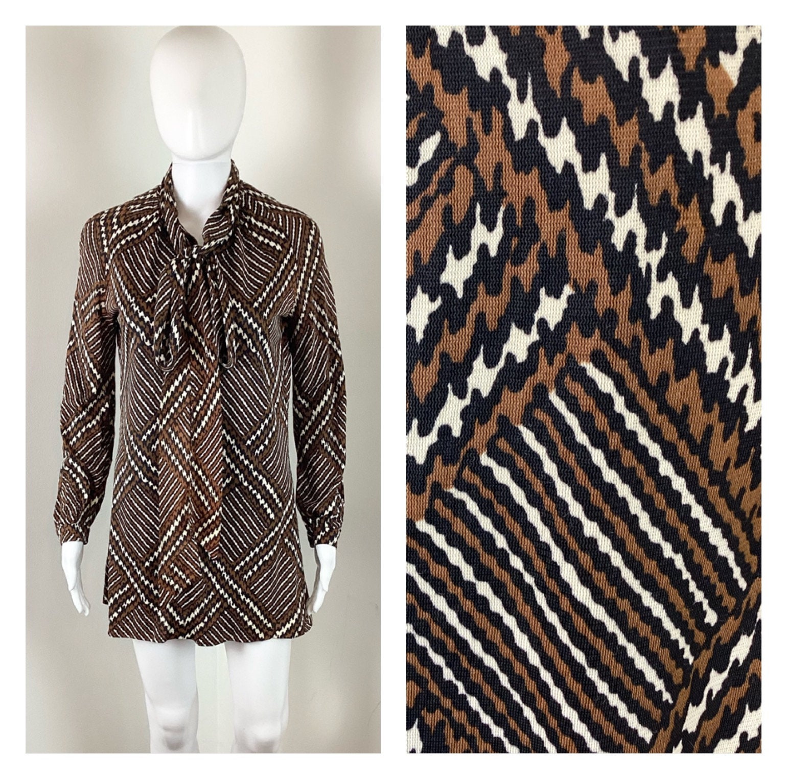Vintage 1960s Micro Mini Houndstooth Mod Pussybow Dress by Parade - Small to Medium
