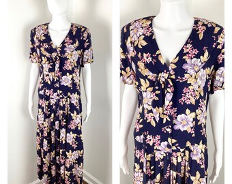 Vintage 1990s does 1940s Navy Blue Nautical Style Floral Dress w/ Sailor Collar by Jane Singer - Medium to Large