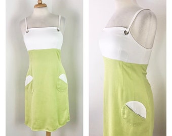 Vintage 1990s White and Avocado Colorblock Mini Dress by Yves Cossett Depeche Mode - Sz Medium to Large