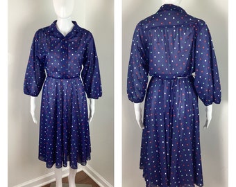 Vintage 1970s Navy Blue w/ Green and Red Polka Dots Shirt Dress - Sz Large to Curvy