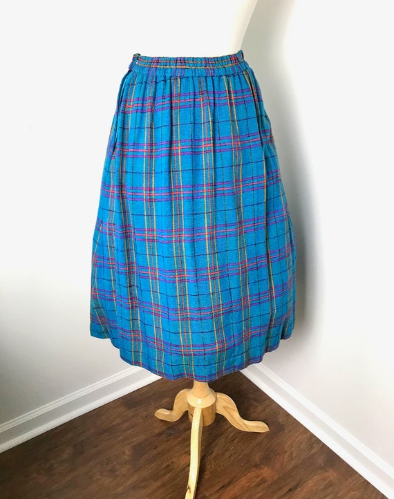 1980s Pleated Peacock Blue Plaid Skirt - image 5